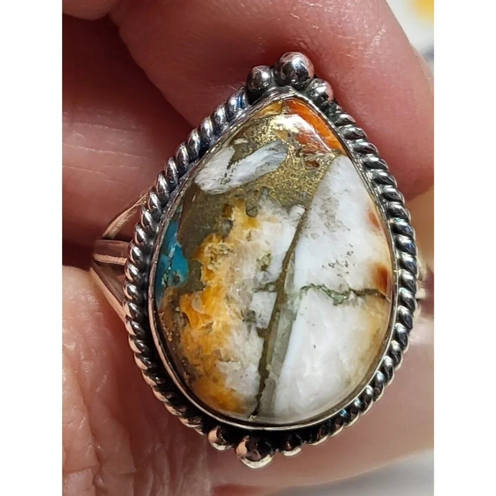 Sterling Silver Spiny Oyster Copper Turquoise Teardrop Ring